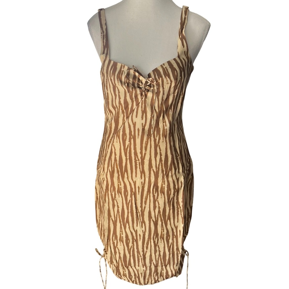Backyard Roses Ryder Midi Dress Womens Tan Brown Abstract Print Ruched Cinch S - Picture 3 of 9
